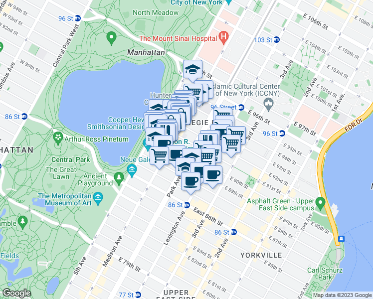 map of restaurants, bars, coffee shops, grocery stores, and more near 64 East 91st Street in New York