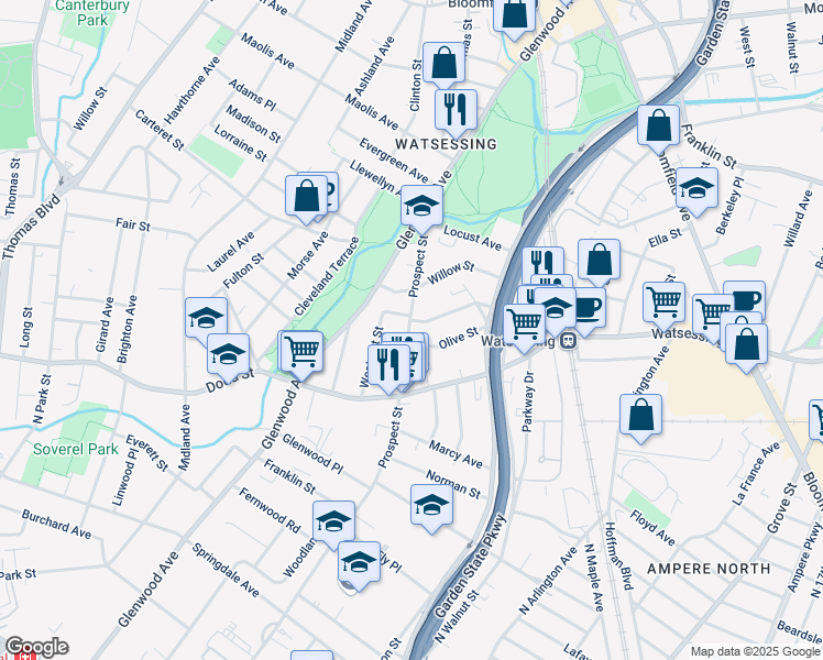 map of restaurants, bars, coffee shops, grocery stores, and more near 12 Thornton Street in Bloomfield