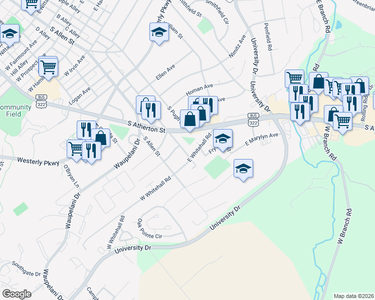 map of restaurants, bars, coffee shops, grocery stores, and more near 1345 Old Boalsburg Road in State College