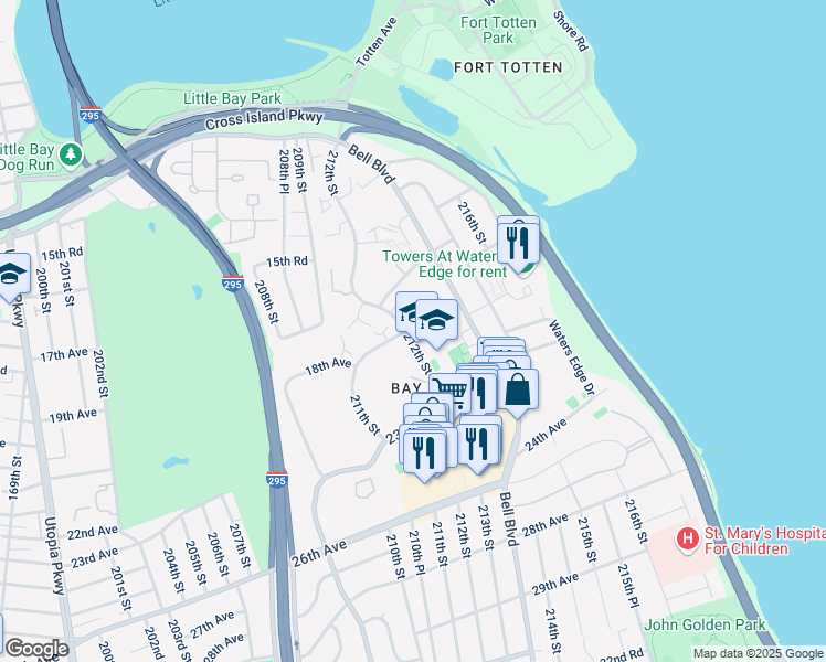 map of restaurants, bars, coffee shops, grocery stores, and more near 16-57 212th Street in Queens