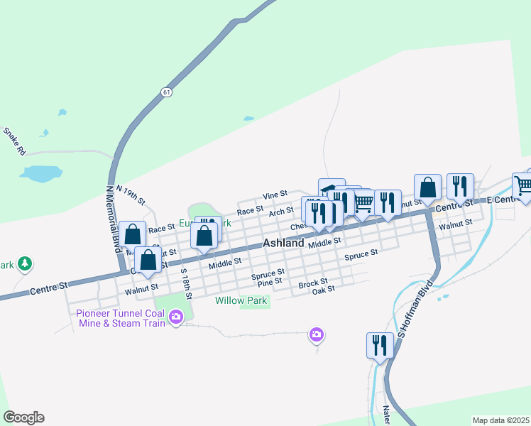 map of restaurants, bars, coffee shops, grocery stores, and more near 1223 Arch Street in Ashland