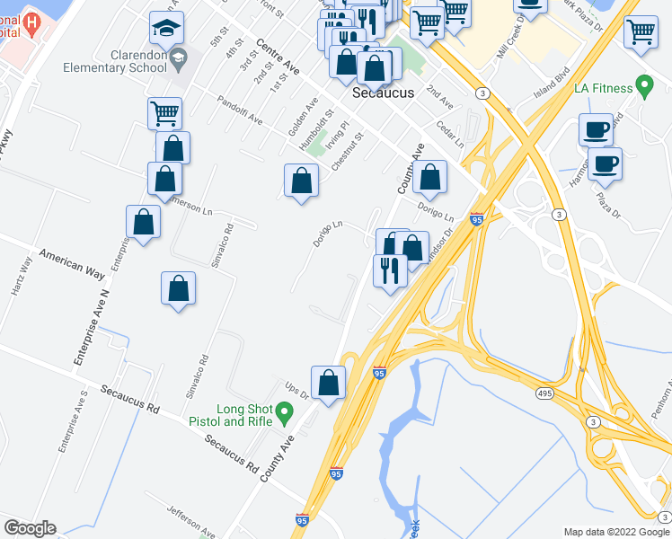 map of restaurants, bars, coffee shops, grocery stores, and more near 188 Dorigo Lane in Secaucus