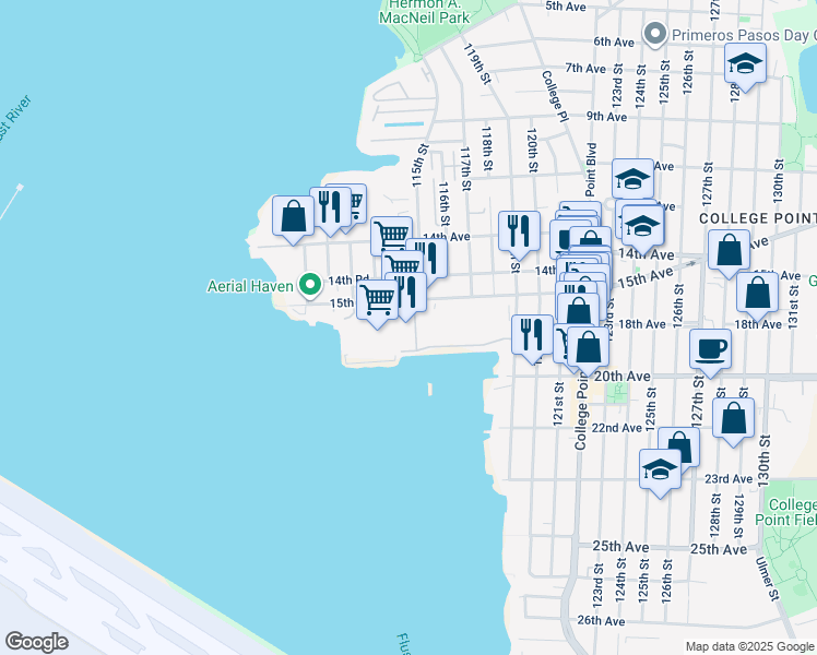 map of restaurants, bars, coffee shops, grocery stores, and more near 114-02 15th Avenue in Queens