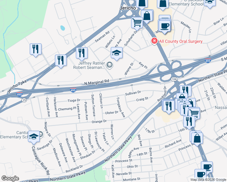 map of restaurants, bars, coffee shops, grocery stores, and more near 438 South Marginal Road in Jericho