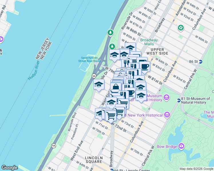 map of restaurants, bars, coffee shops, grocery stores, and more near 312 West 77th Street in New York