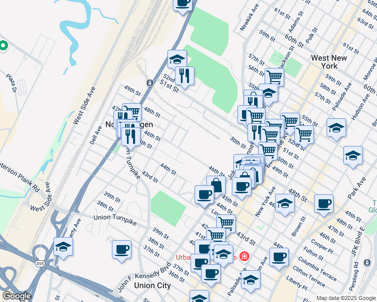 map of restaurants, bars, coffee shops, grocery stores, and more near 1320 46th Street in North Bergen