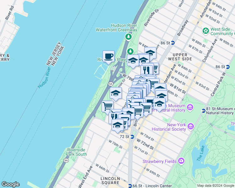 map of restaurants, bars, coffee shops, grocery stores, and more near 335 West 76th Street in New York