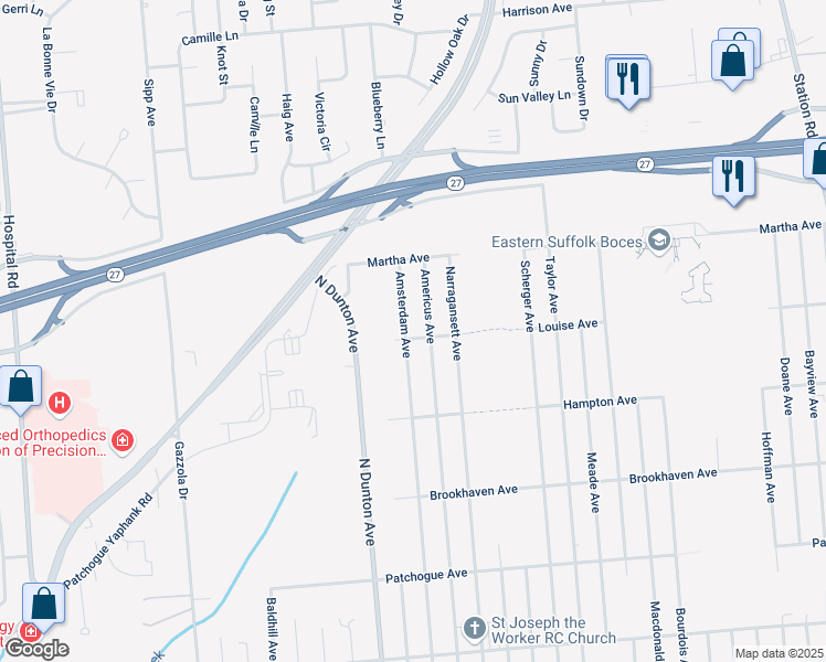 map of restaurants, bars, coffee shops, grocery stores, and more near 245 Louise Avenue in East Patchogue