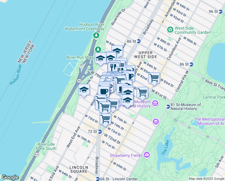 map of restaurants, bars, coffee shops, grocery stores, and more near 2200 Broadway in New York