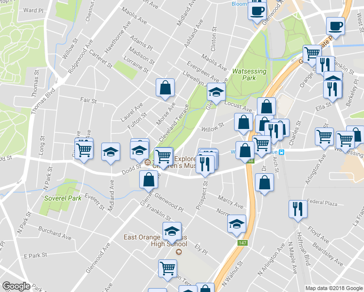 map of restaurants, bars, coffee shops, grocery stores, and more near 490 Glenwood Avenue in East Orange