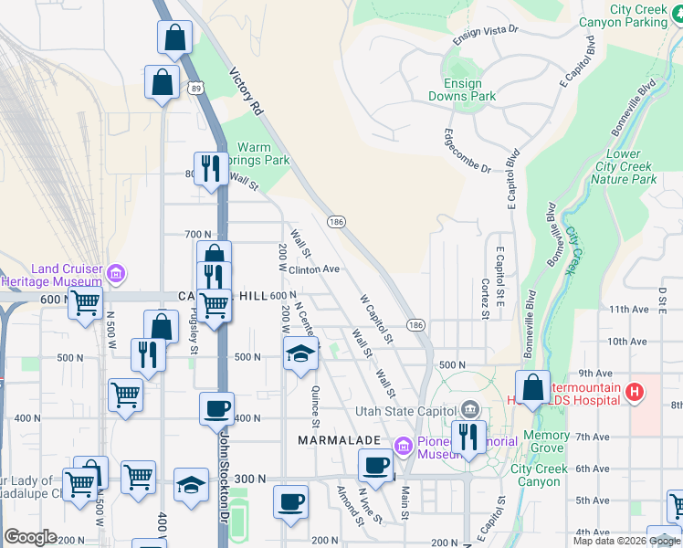 map of restaurants, bars, coffee shops, grocery stores, and more near 107 West Clinton Avenue in Salt Lake City