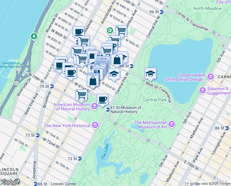 map of restaurants, bars, coffee shops, grocery stores, and more near 225 Central Park West in New York