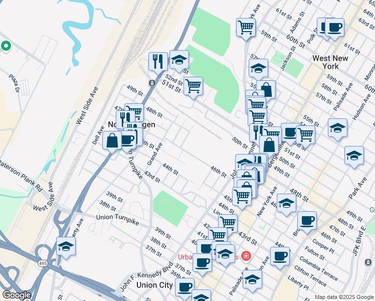 map of restaurants, bars, coffee shops, grocery stores, and more near 1320 46th Street in North Bergen