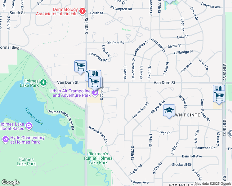 map of restaurants, bars, coffee shops, grocery stores, and more near 2920 South 72nd Street in Lincoln