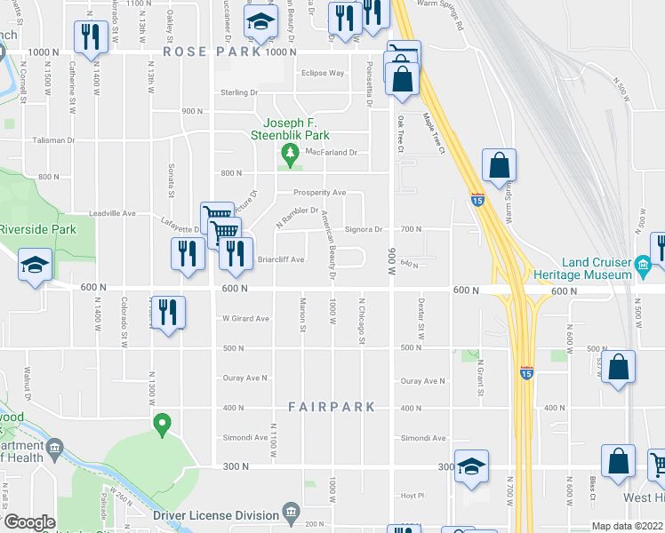 map of restaurants, bars, coffee shops, grocery stores, and more near 1114 West Briarcliff Avenue in Salt Lake City