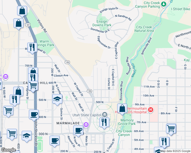 map of restaurants, bars, coffee shops, grocery stores, and more near 650 Columbus Street East in Salt Lake City