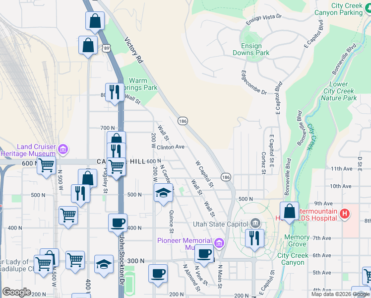 map of restaurants, bars, coffee shops, grocery stores, and more near 107 West Clinton Avenue in Salt Lake City