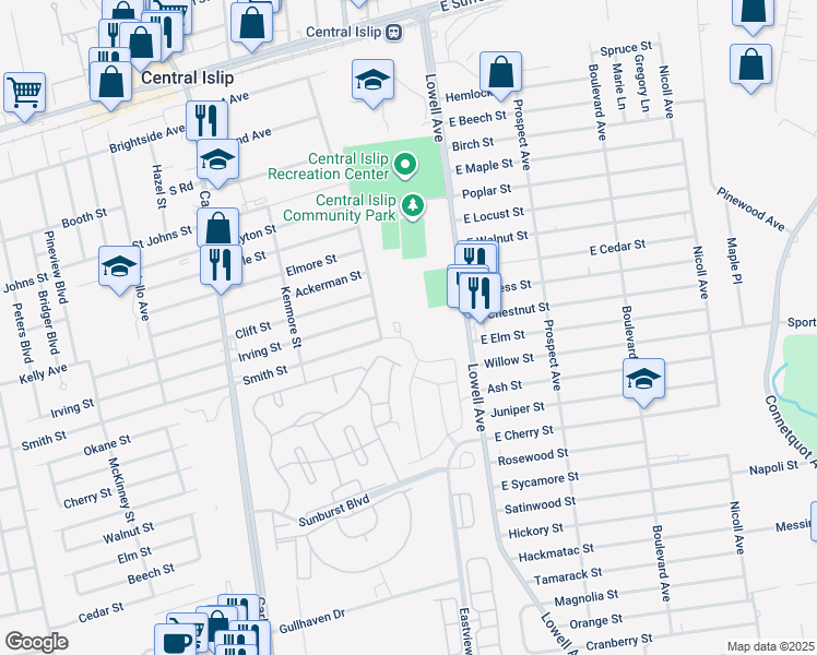 map of restaurants, bars, coffee shops, grocery stores, and more near 117 Sprucewood Boulevard in Central Islip