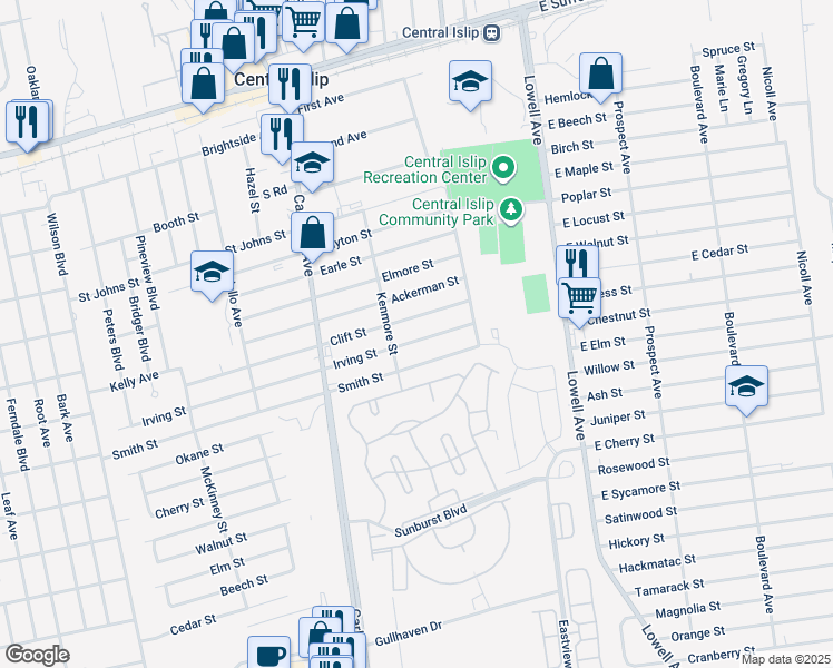 map of restaurants, bars, coffee shops, grocery stores, and more near 430 Clift Street in Central Islip