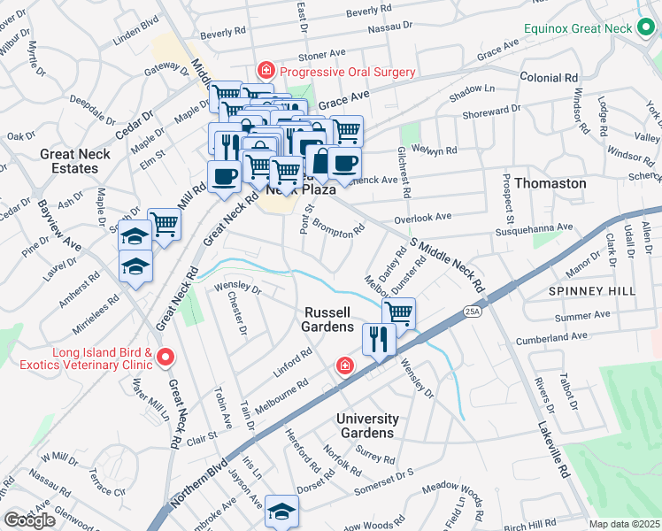 map of restaurants, bars, coffee shops, grocery stores, and more near 16 Buckingham Place in Great Neck