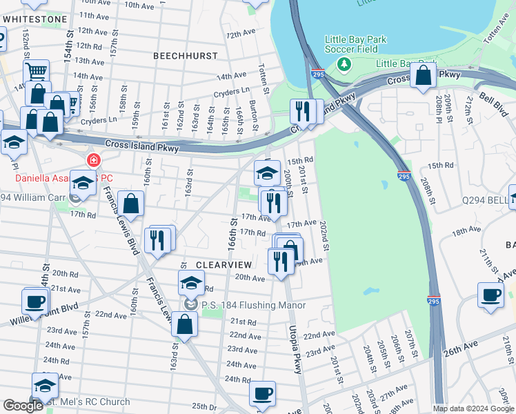 map of restaurants, bars, coffee shops, grocery stores, and more near 166-36 16th Road in Queens