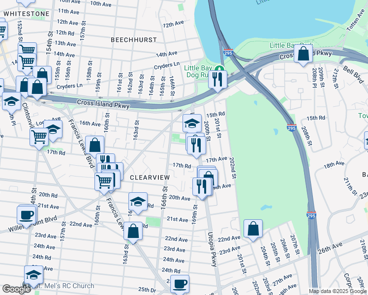 map of restaurants, bars, coffee shops, grocery stores, and more near 166-36 16th Road in Queens