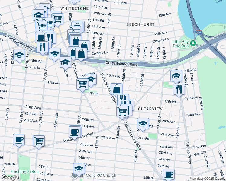 map of restaurants, bars, coffee shops, grocery stores, and more near 16-55 Francis Lewis Boulevard in Queens