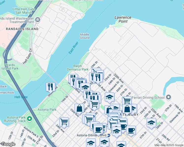 map of restaurants, bars, coffee shops, grocery stores, and more near 20-63 19th Street in Queens