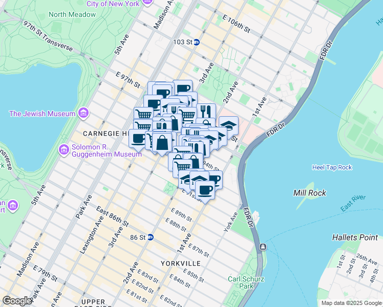 map of restaurants, bars, coffee shops, grocery stores, and more near 239 East 94th Street in New York