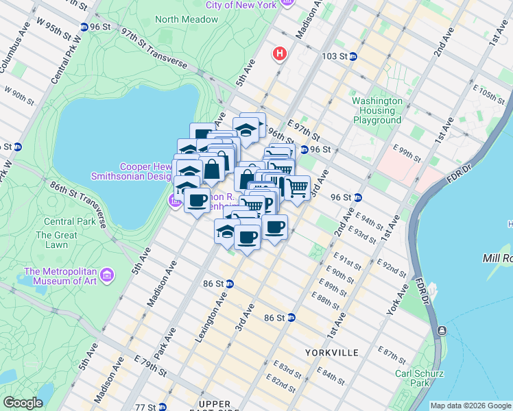 map of restaurants, bars, coffee shops, grocery stores, and more near 1147 Park Avenue in New York