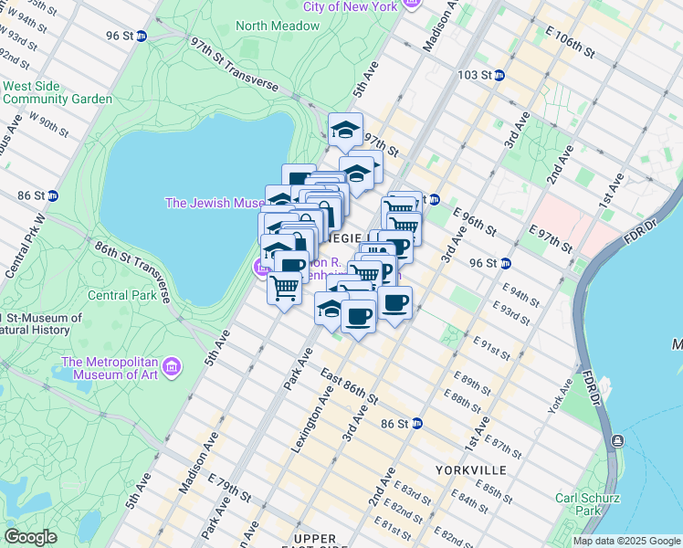 map of restaurants, bars, coffee shops, grocery stores, and more near 64 East 91st Street in New York