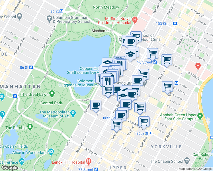 map of restaurants, bars, coffee shops, grocery stores, and more near 12 East 89th Street in New York