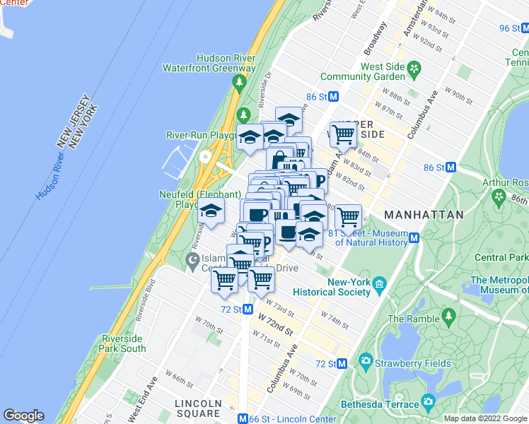 map of restaurants, bars, coffee shops, grocery stores, and more near in New York