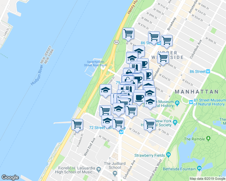 map of restaurants, bars, coffee shops, grocery stores, and more near 321 West 77th Street in New York