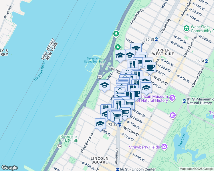 map of restaurants, bars, coffee shops, grocery stores, and more near 40 Riverside Drive in New York