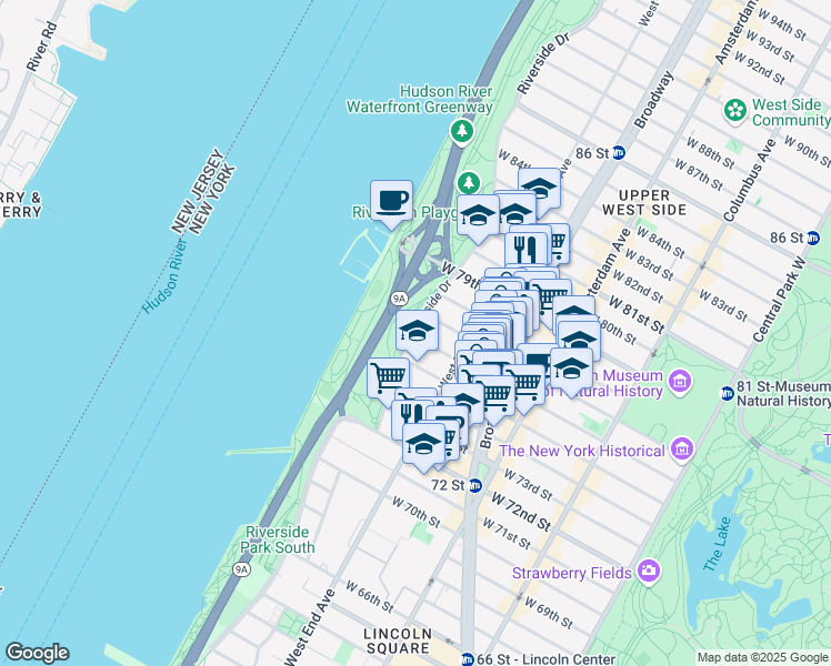 map of restaurants, bars, coffee shops, grocery stores, and more near 40 Riverside Drive in New York