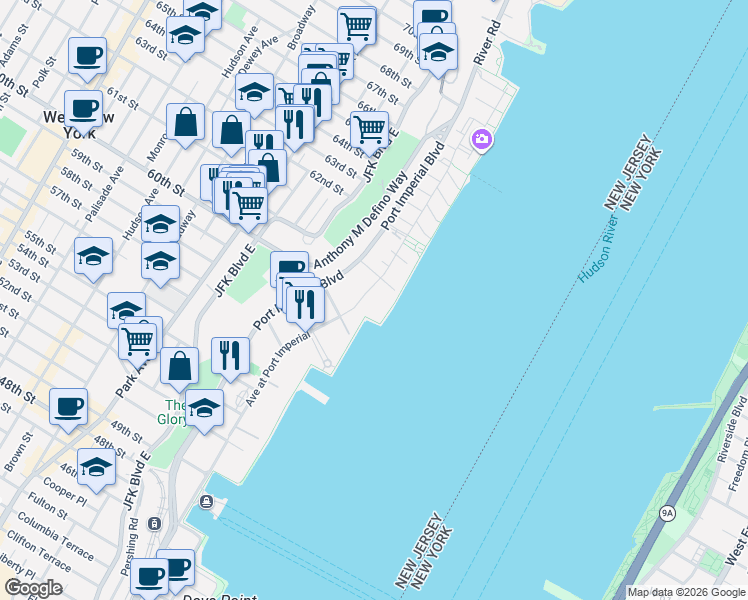 map of restaurants, bars, coffee shops, grocery stores, and more near 9 Avenue at Port Imperial in West New York