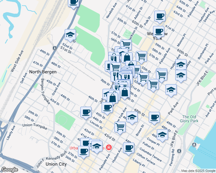 map of restaurants, bars, coffee shops, grocery stores, and more near 1112 50th Street in North Bergen