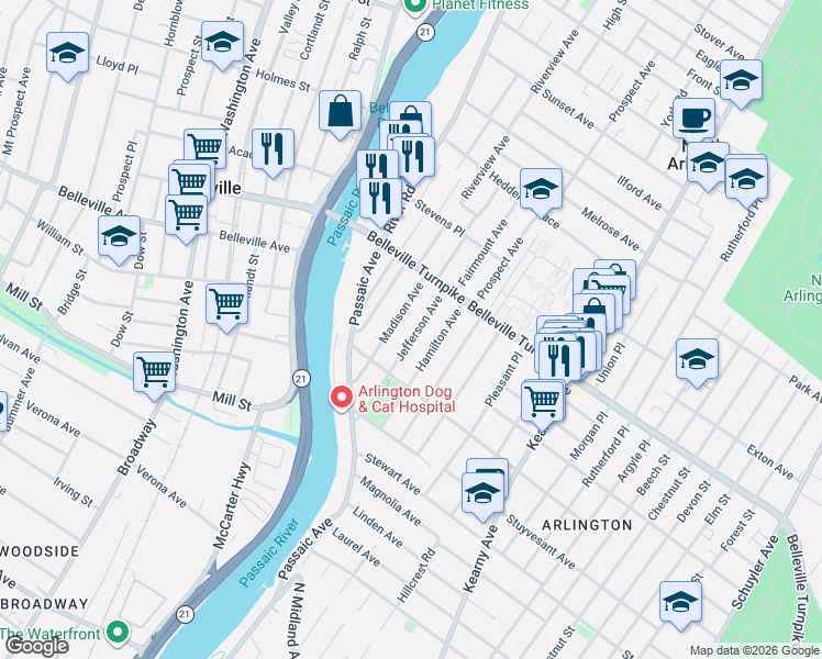 map of restaurants, bars, coffee shops, grocery stores, and more near 20 Madison Avenue in Kearny