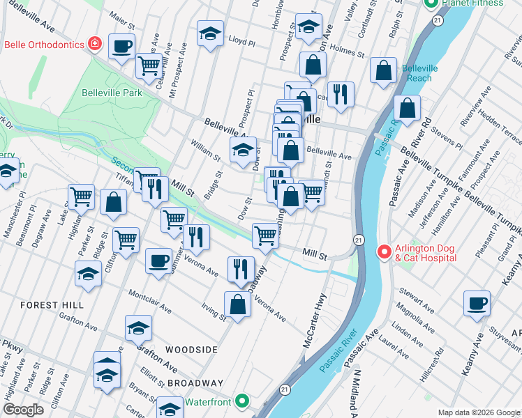 map of restaurants, bars, coffee shops, grocery stores, and more near 34 Van Rensselear Street in Belleville