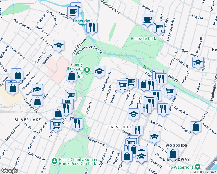 map of restaurants, bars, coffee shops, grocery stores, and more near 117 Beaumont Place in Newark