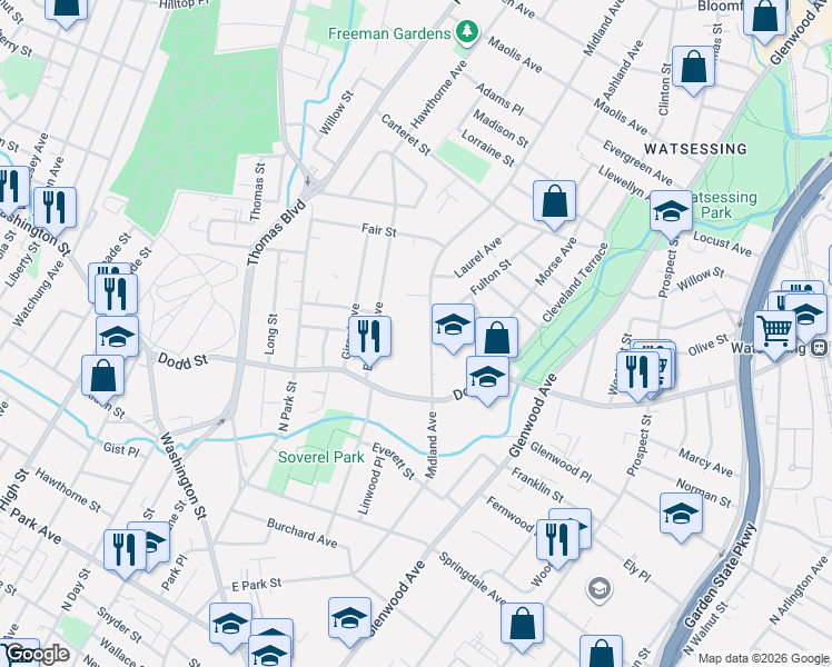map of restaurants, bars, coffee shops, grocery stores, and more near 223 Midland Avenue in East Orange