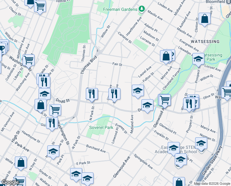 map of restaurants, bars, coffee shops, grocery stores, and more near 192 Brighton Avenue in East Orange