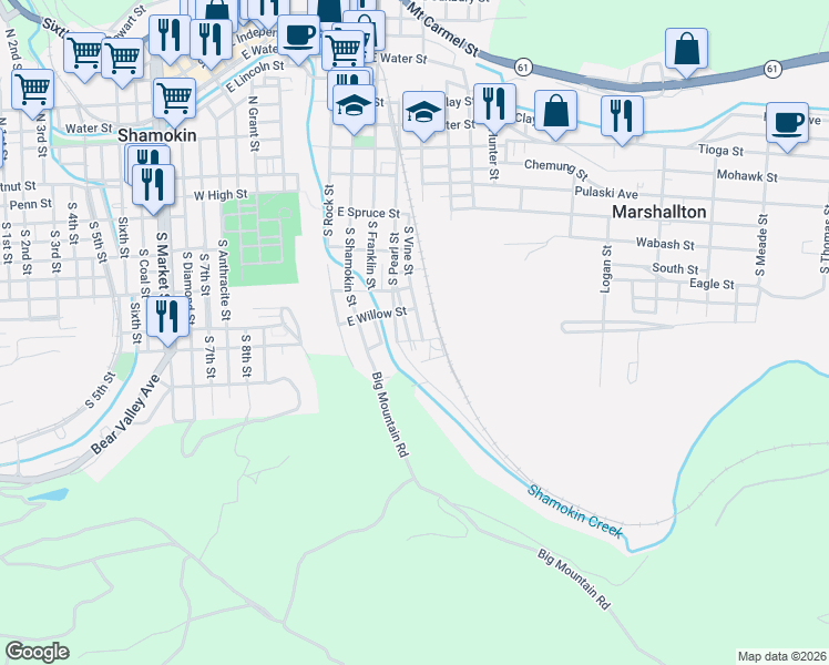 map of restaurants, bars, coffee shops, grocery stores, and more near 401-499 South Pearl Street in Shamokin