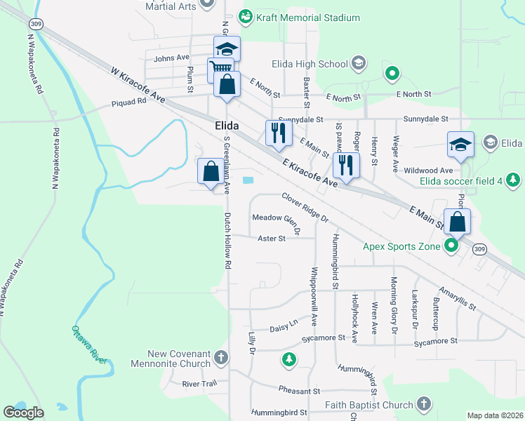 map of restaurants, bars, coffee shops, grocery stores, and more near 5745 Clover Ridge Drive in Elida