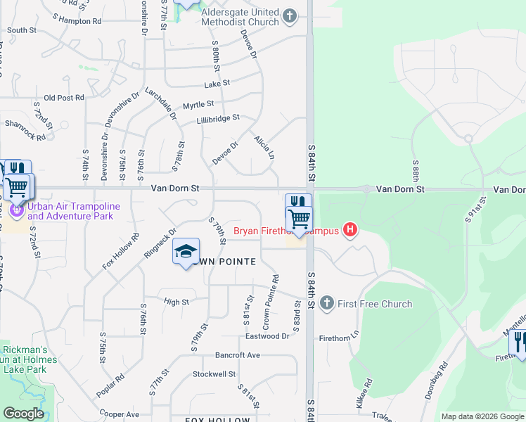 map of restaurants, bars, coffee shops, grocery stores, and more near 2820 Crown Pointe Circle in Lincoln