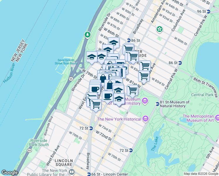 map of restaurants, bars, coffee shops, grocery stores, and more near 216W West 79th Street in New York