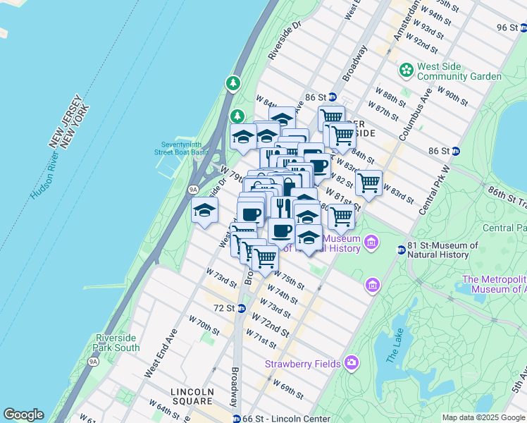 map of restaurants, bars, coffee shops, grocery stores, and more near Broadway & W 78th St in New York