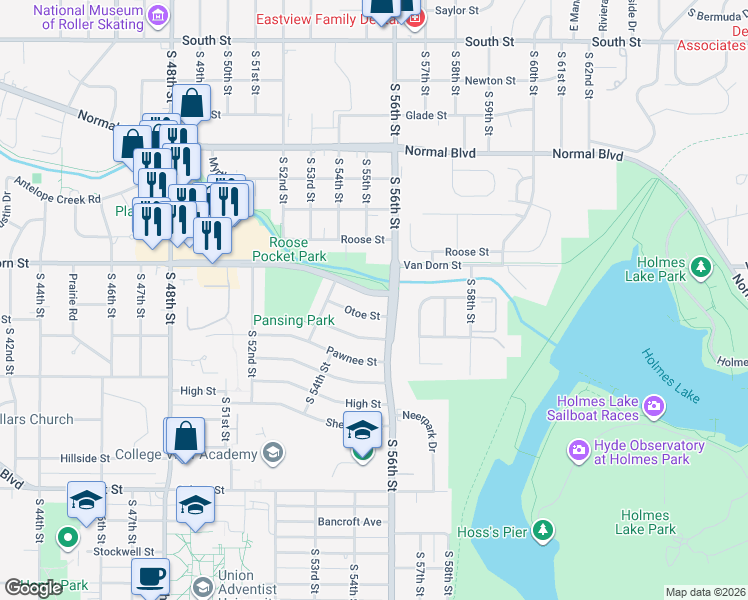 map of restaurants, bars, coffee shops, grocery stores, and more near 5501 Van Dorn Street in Lincoln