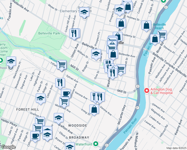 map of restaurants, bars, coffee shops, grocery stores, and more near 16 Clark Terrace in Belleville